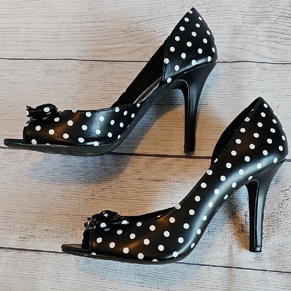 FIONI Black & White Open Toe Polka Dot Heels Size 8.5 - Picture 9 of 11
